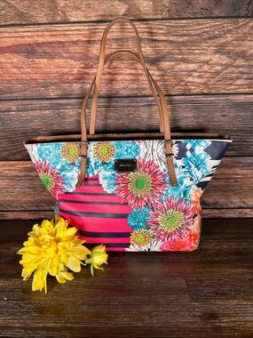 Nine West Striped Floral Tote in Pink, Teal & Brown